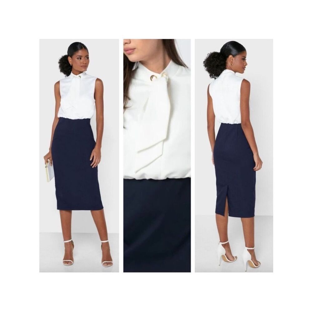 Ted Baker 14 (5) Oati White Top Navy Skirt Bodycon Front Tie Sleeveless Dress
